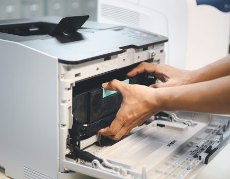 Technician,Hand,Open,Cover,Printer,Photocopier,Or,Photocopy,To,Replace
